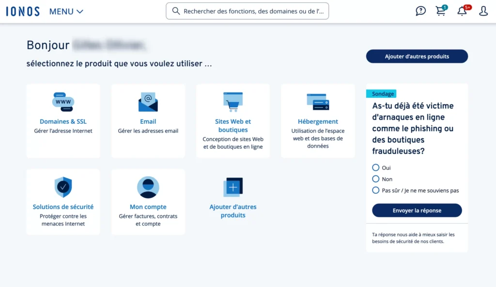 panneau de contrôle d'IONOS