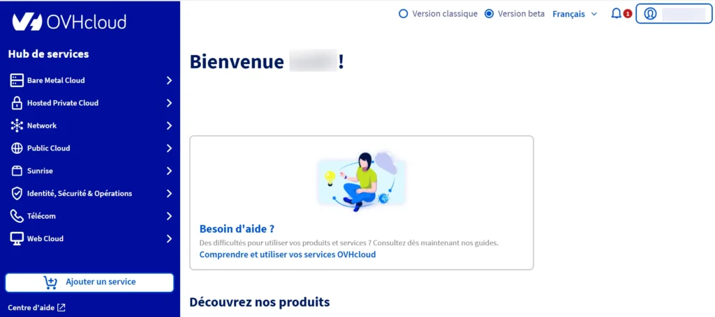 Espace client OVHcloud tableau de bord